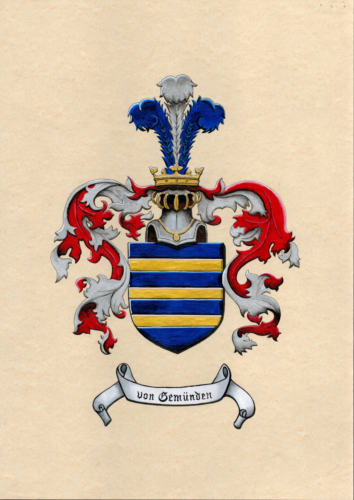 A classical heraldic arrangement showing a coronet placed between the helm and the crest