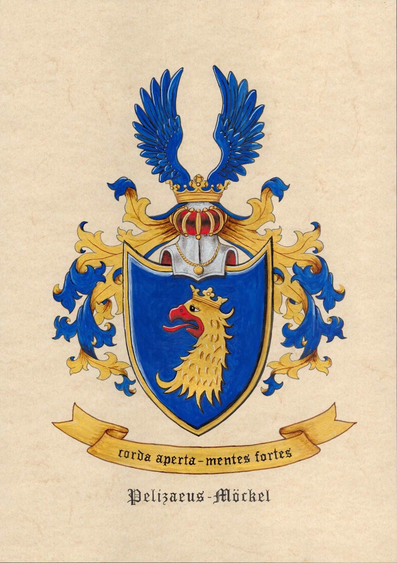 Close-up illustration of a heraldic helmet adorned with a neck chain and ceremonial collar
