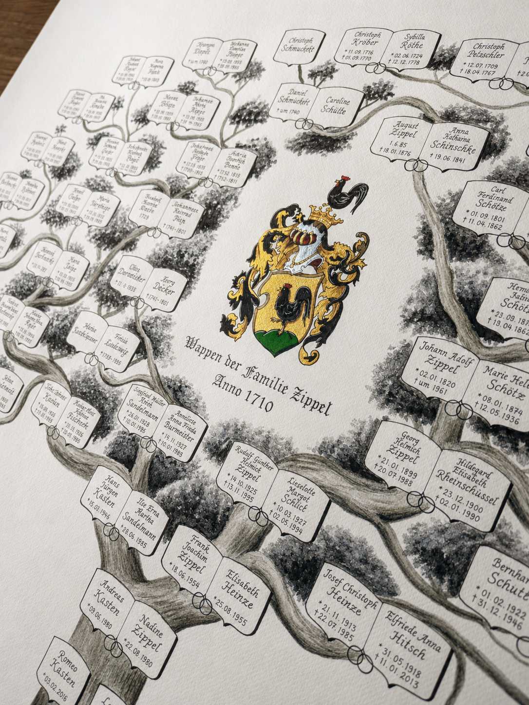 Black and white family tree with a coloured coat of arms