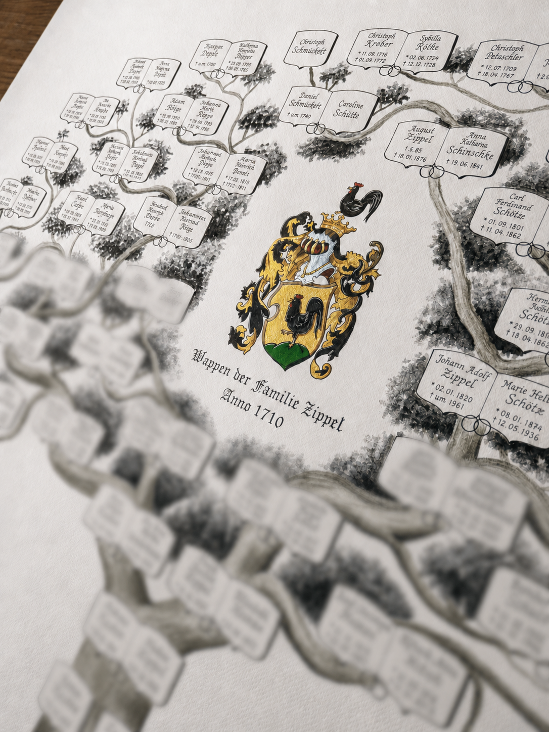 Black and white family tree with a coloured coat of arms