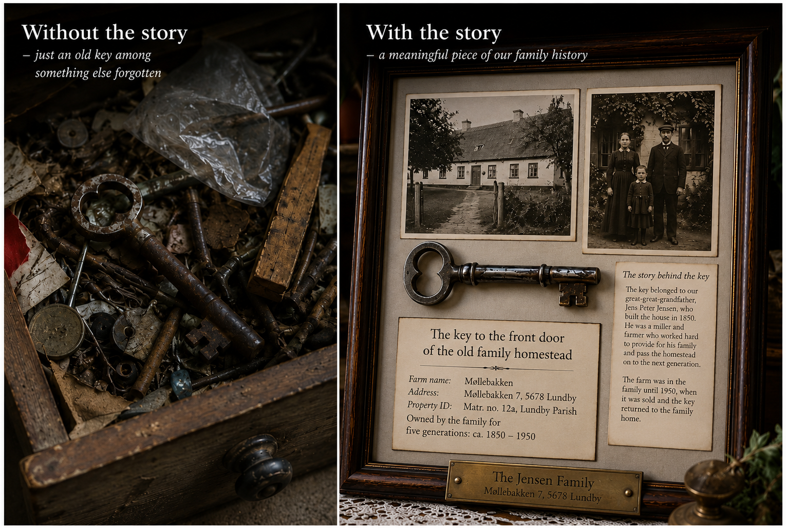 Alt Text:
Antique rusty key transformed into a framed family heirloom with photos and story, symbolizing family history, genealogy, heritage preservation, and ancestral legacy.