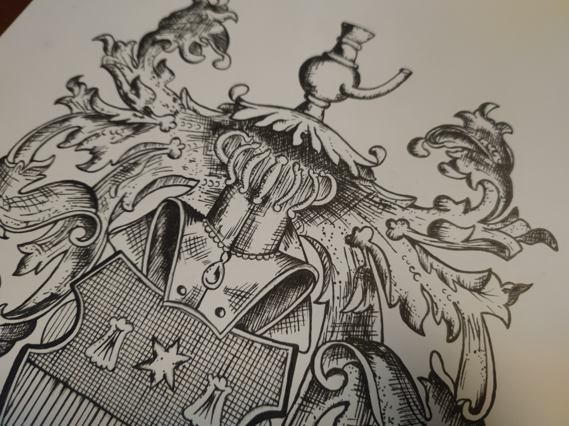 Hand-drawn coat of arms illustrated in black ink using traditional heraldic drawing techniques, showcasing detailed linework and classic heraldic design.
