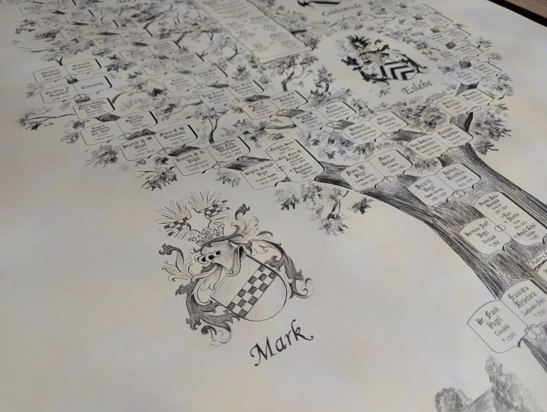 Hand-drawn family coat of arms created in pencil, showcasing traditional heraldic artwork with fine detail and classical craftsmanship.