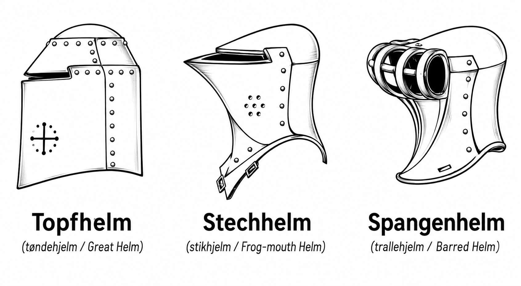 Illustration der drei klassischen heraldischen Helmtypen – Topfhelm, Stechhelm und Spangenhelm – als Bestandteile eines traditionellen Familienwappens.